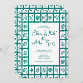 Seashell Grid Beach Wedding Groen CUSTOM QR Code Kaart