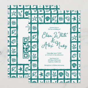 Seashell Grid Beach Wedding Groen CUSTOM QR Code Kaart
