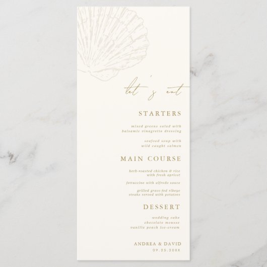Seashell Ivory & Gold Beach Let's Eat Wedding Menu (Voorkant)