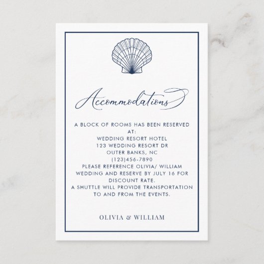Seashell Marine Blauw Strand Bruiloft Accommodatie Informatiekaartje (Voorkant)