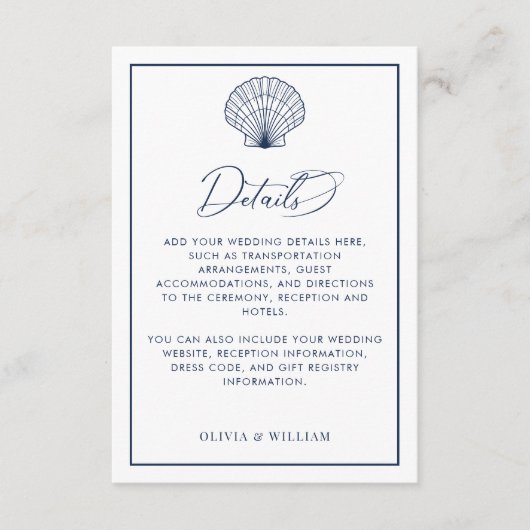 Seashell Marine Blauw Strand Bruiloft Details Informatiekaartje (Voorkant)