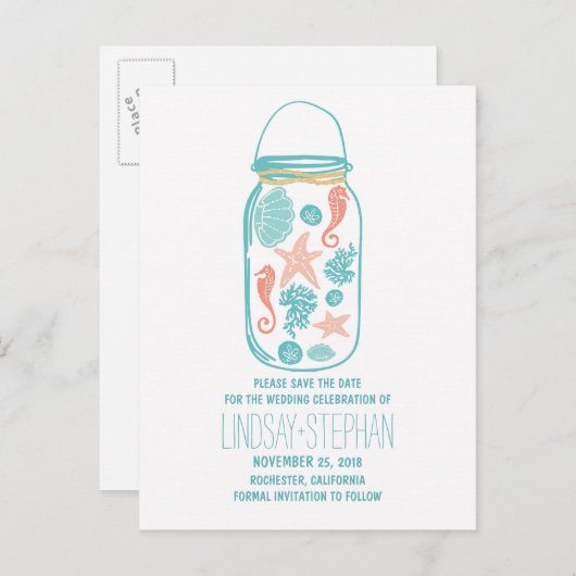 Seashell mason jar strand bruiloft save the date aankondigingskaart (Voorkant / Achterkant)
