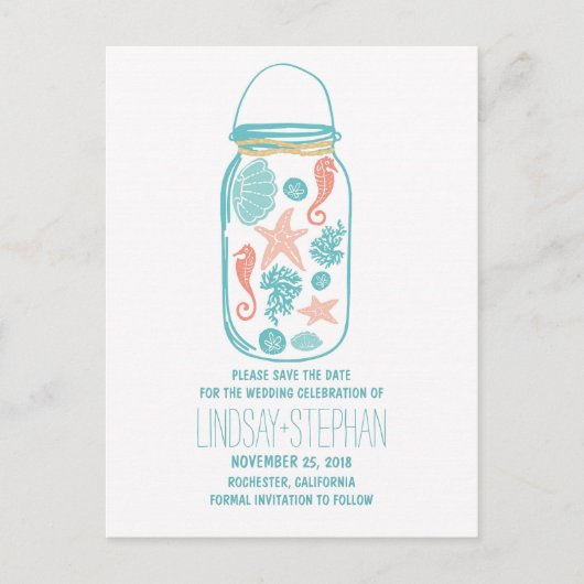 Seashell mason jar strand bruiloft save the date aankondigingskaart (Voorkant)