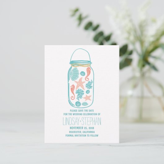 Seashell mason jar strand bruiloft save the date aankondigingskaart (Staand voorkant)