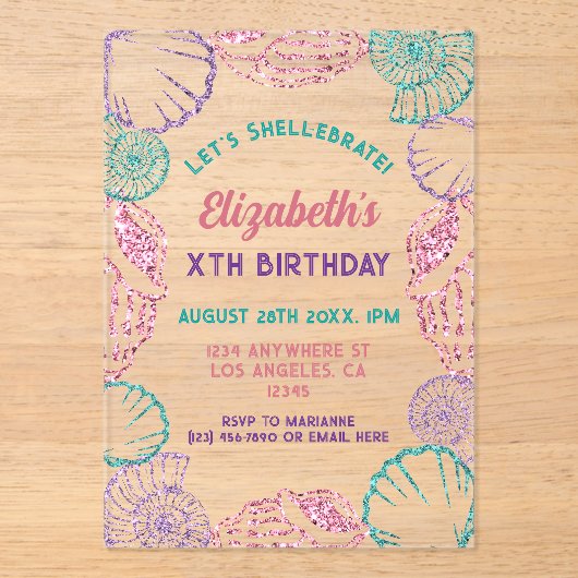 Seashell Meisjes verjaardag Acryl Uitnodigingen (Voorkant)