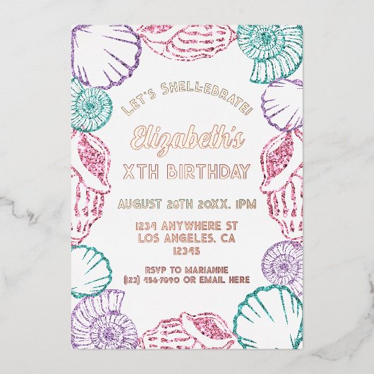 Seashell Meisjes verjaardag Folie Uitnodiging (Voorkant)