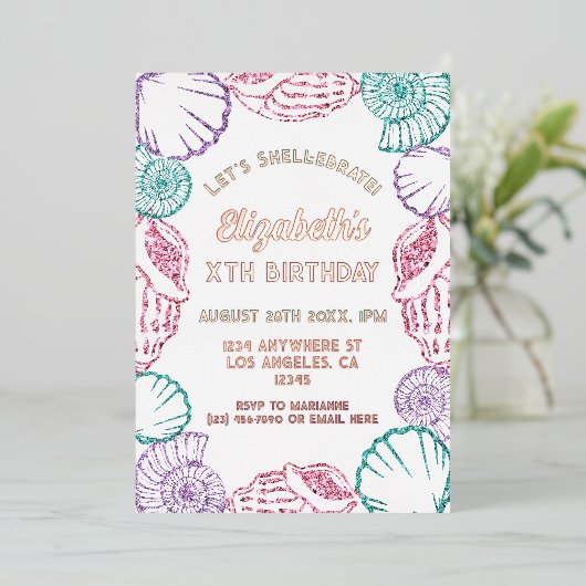 Seashell Meisjes verjaardag Folie Uitnodiging (Staand Voorkant)