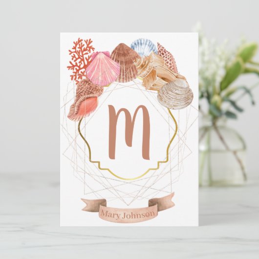 Seashell Monogram Crest Notecard Kaart (Staand voorkant)