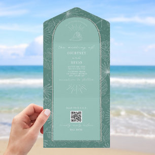 Seashell Palm Aqua Beach Weddenschap QR Code RSVP All In One Uitnodiging