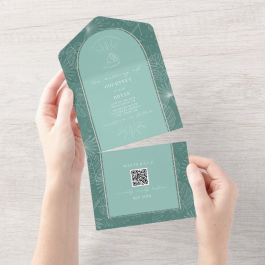 Seashell Palm Aqua Beach Weddenschap QR Code RSVP All In One Uitnodiging (Afscheurbaar)