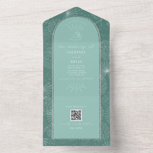 Seashell Palm Aqua Beach Weddenschap QR Code RSVP All In One Uitnodiging (Binnen)