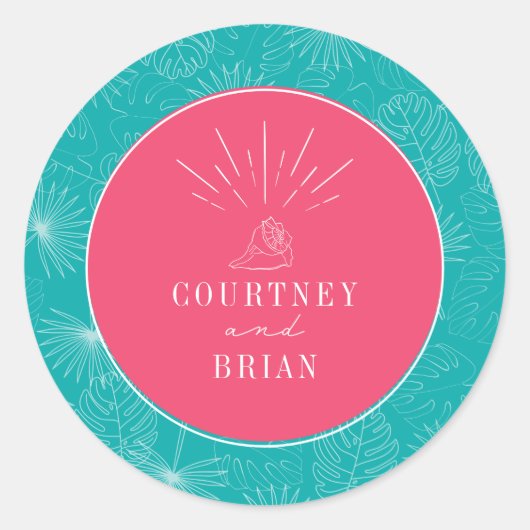 Seashell Pink & Blue Palm Tropical Beach Wedding Ronde Sticker (Voorkant)
