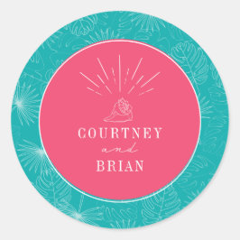 Seashell Pink & Blue Palm Tropical Beach Wedding Ronde Sticker
