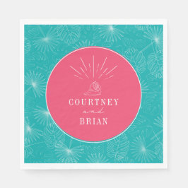 Seashell Pink & Blue Palm Tropical Beach Wedding Servet