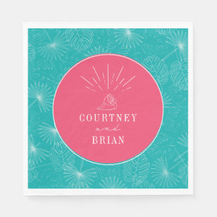 Seashell Pink & Blue Palm Tropical Beach Wedding Servet