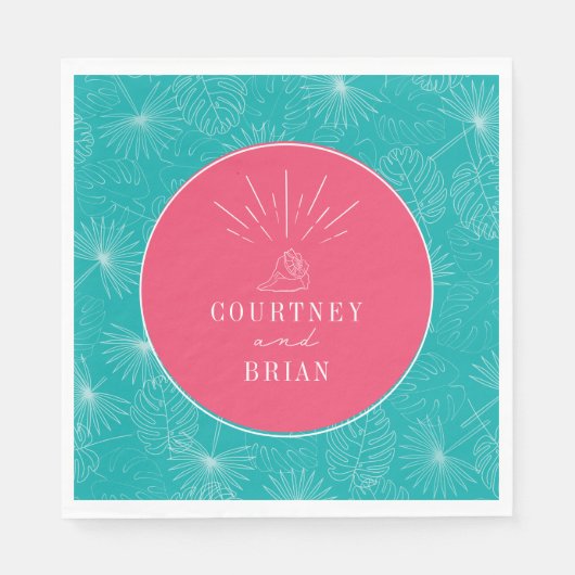 Seashell Pink & Blue Palm Tropical Beach Wedding Servet (Voorkant)