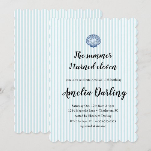 Seashell Preppy Blue Stripe Summer I turned Eleven Kaart (Voorkant / Achterkant)