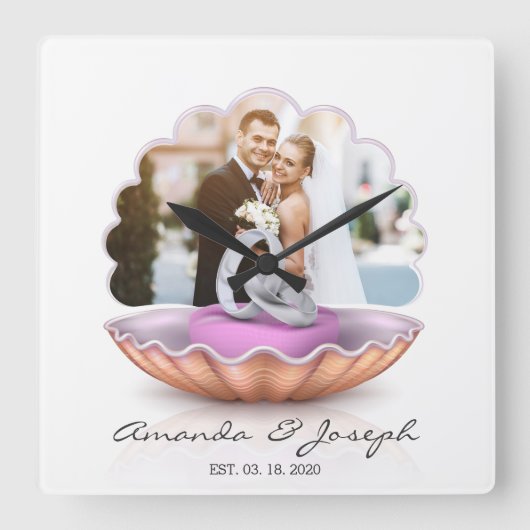 Seashell Rings Foto Weddenschap Gift Wall Clock Vierkante Klok (Voorkant)