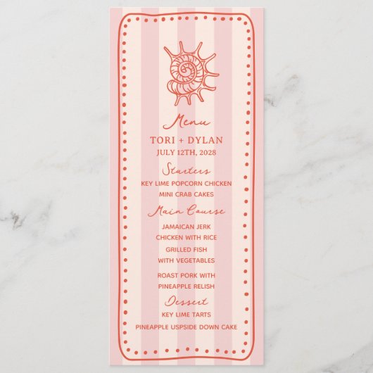 Seashell roze streep tropische bruiloft menu (Voorkant)