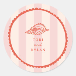 Seashell roze tropische streep bruiloft ronde sticker
