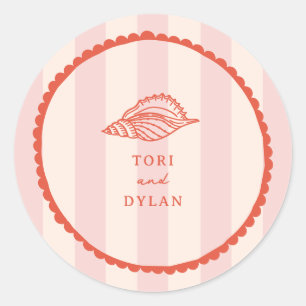 Seashell roze tropische streep bruiloft ronde sticker