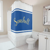 SEASHELL Script Royal Blue White Racing Stripes Douchegordijn (In situ)