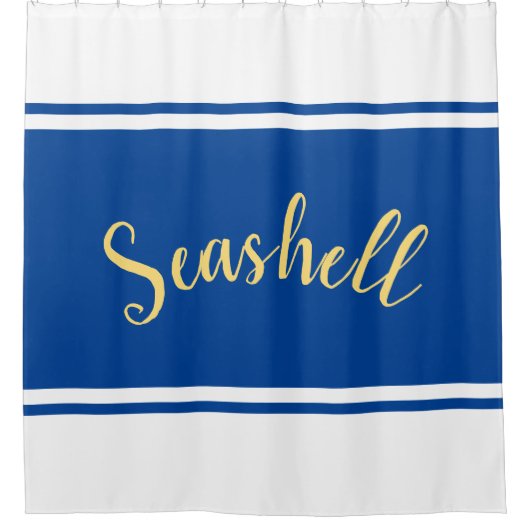 SEASHELL Script Royal Blue White Racing Stripes Douchegordijn (Voorkant)