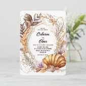 Seashell Seaweed Gold Lijst Paars Beach Wedding Kaart (Staand voorkant)