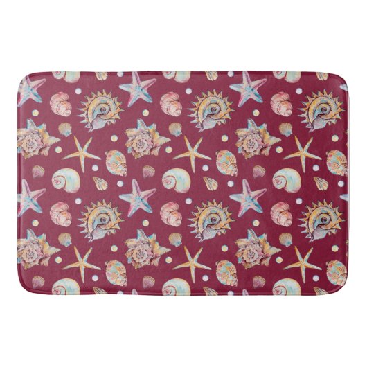 Seashell & Starfish Patroon op Maroon Achtergrond Badmat (Voorkant)