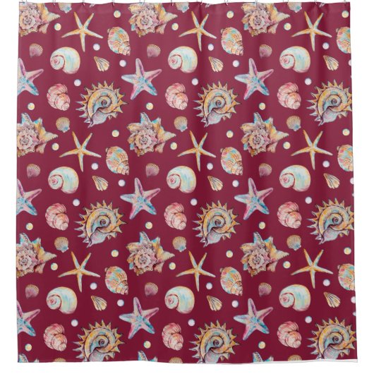 Seashell & Starfish Patroon op Maroon Achtergrond Douchegordijn (Voorkant)
