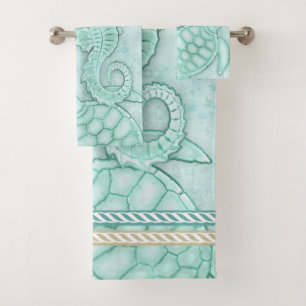 Seashell Starfish Turtle Waterverf Aqua ID751 Bad Handdoek