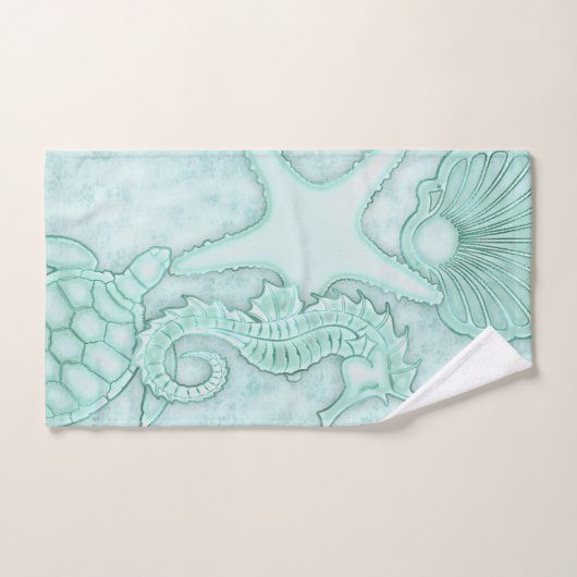 Seashell Starfish Turtle Waterverf Aqua ID751 Bad Handdoek (Handdoek)