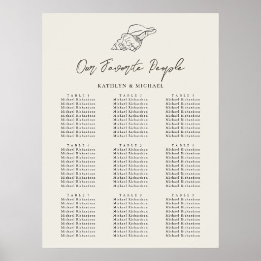 Seashell Strand Oceaan Bruiloft 9 Tafel Zitkaarten Poster (Voorkant)