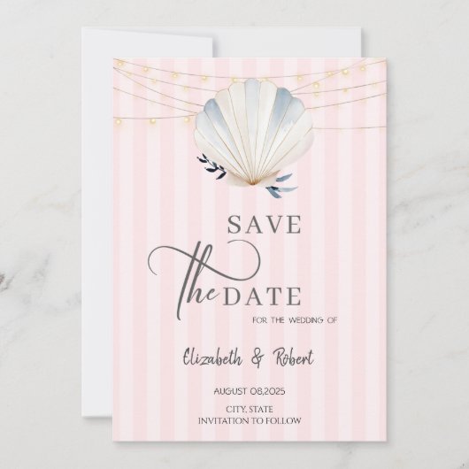 Seashell String Lights Pink Stripes Save the Date (Voorkant)
