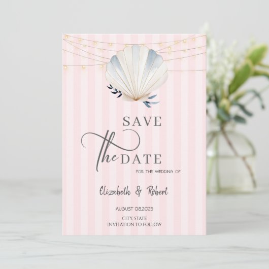 Seashell String Lights Pink Stripes Save the Date (Staand voorkant)