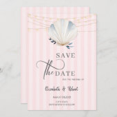 Seashell String Lights Pink Stripes Save the Date (Voorkant / Achterkant)