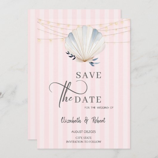 Seashell String Lights Pink Stripes Save the Date (Voorkant / Achterkant)