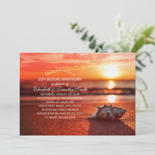 Seashell Sunset Beach Wedding Jubileum Party Kaart (Staand voorkant)