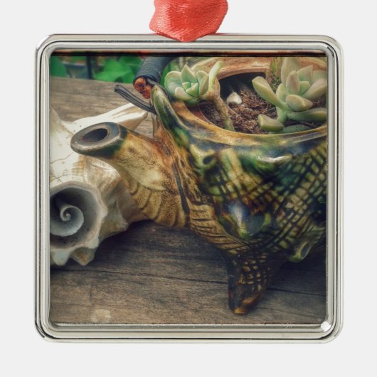 Seashell Tea Kettle plantte met succulenten Metalen Ornament (Voorkant)