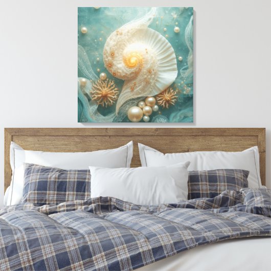 Seashell Wall Art – Coastal Beach Decor Canvas Afdruk (Insitu (Slaapkamer))