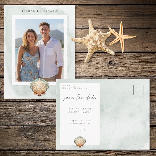Seashell Watercolor Minimal Beach Photo Save Date Briefkaart