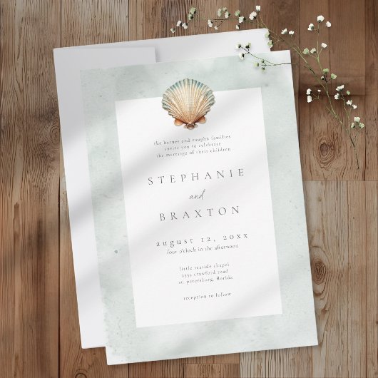 Seashell Watercolor Minimalist Beach Wedding Kaart