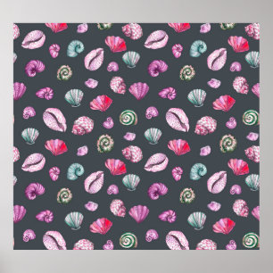 Seashell Waterverf: donkerblauw patroon Poster