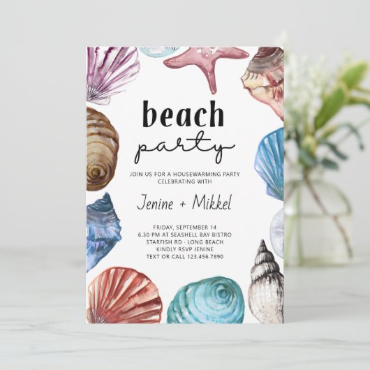 Seashell Waterverf House Warming Beach Party Kaart (Staand voorkant)