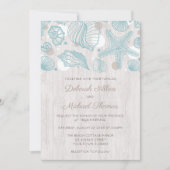Seashell Whitewash Wood Beach Wedding Invitation Kaart (Voorkant)