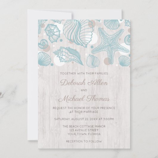 Seashell Whitewash Wood Beach Wedding Invitation Kaart (Voorkant)