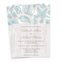 Seashell Whitewash Wood Beach Wedding Invitation