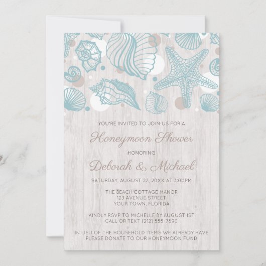 Seashell Whitewash Wood Honeymoon Shower Invites Kaart (Voorkant)