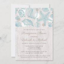Seashell Whitewash Wood Honeymoon Shower Invites