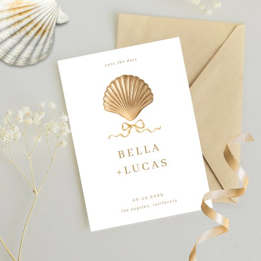 Seashell With a Bow Gold Beach Destination Wedding Save The Date